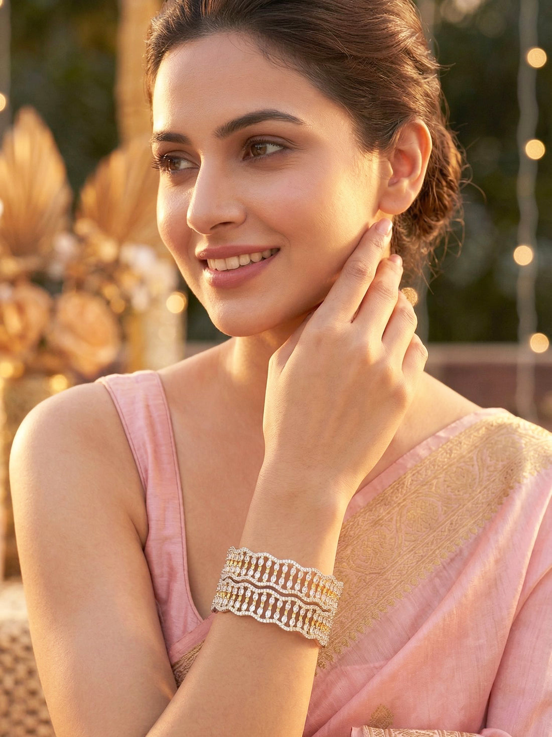 KARATCART Traditional Set of 2 Gold-Plated American Diamond Studded Bangles for Women