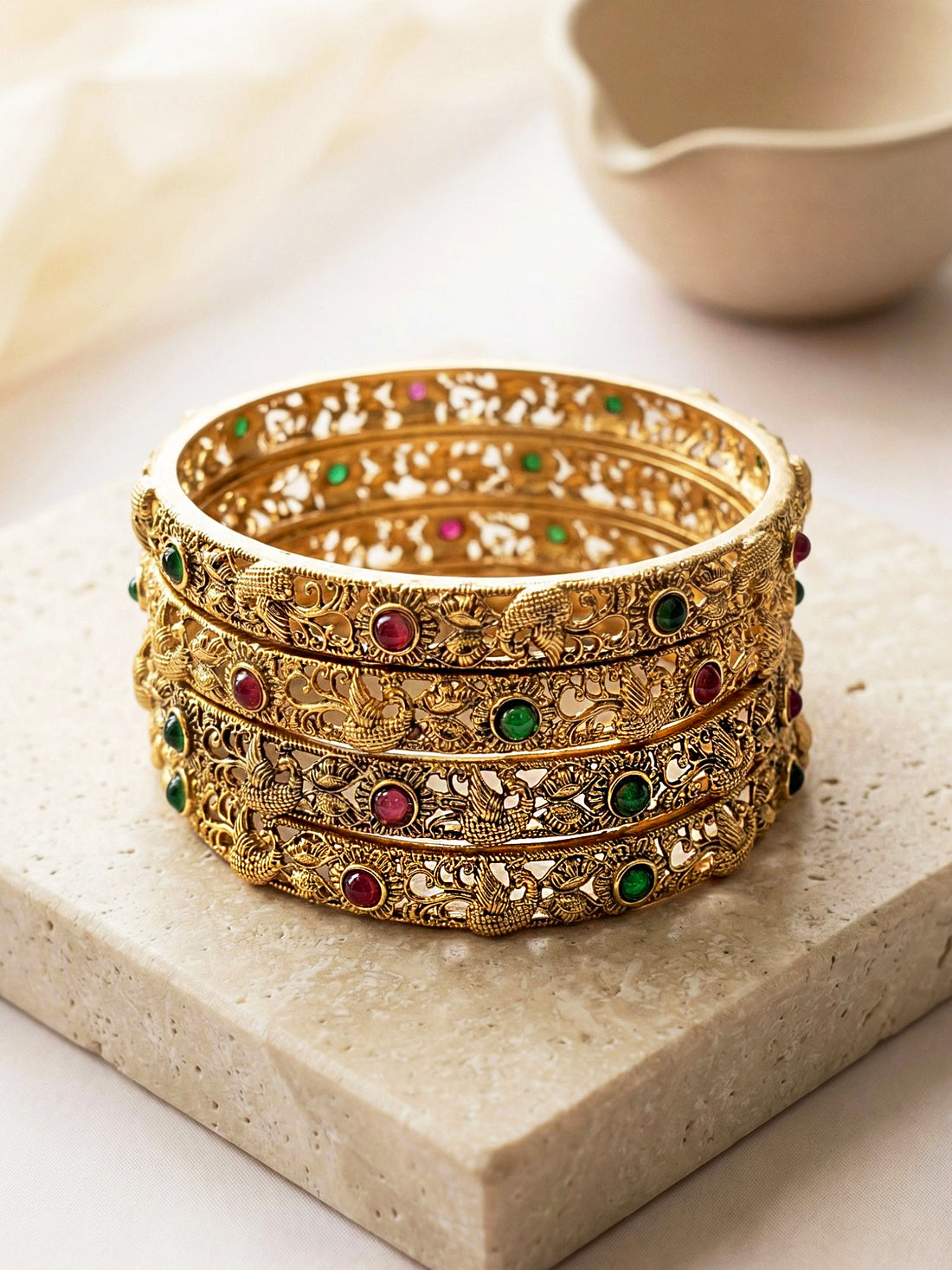 KARATCART South Indian Antique Gold-Plated Peacock Motif Red Green Stone Bangles for Women