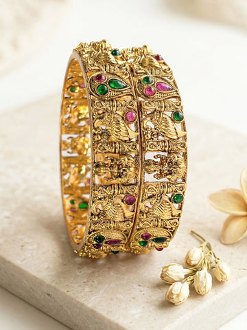 KARATCART Traditional Gold-Plated Temple Design Red Green Stone Bangles for Women