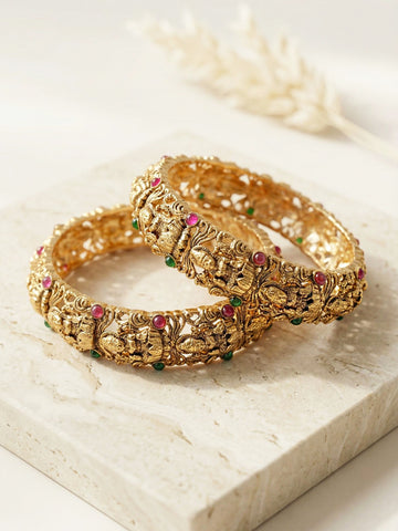 KARATCART Traditional Antique Gold-Plated Goddess Lakshmi Carving Bangles Set for Women
