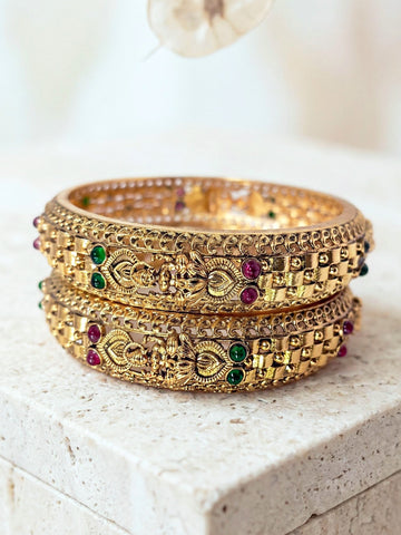 KARATCART Traditional Temple Design Antique Gold-Plated Red Green Stone Bangles for Women