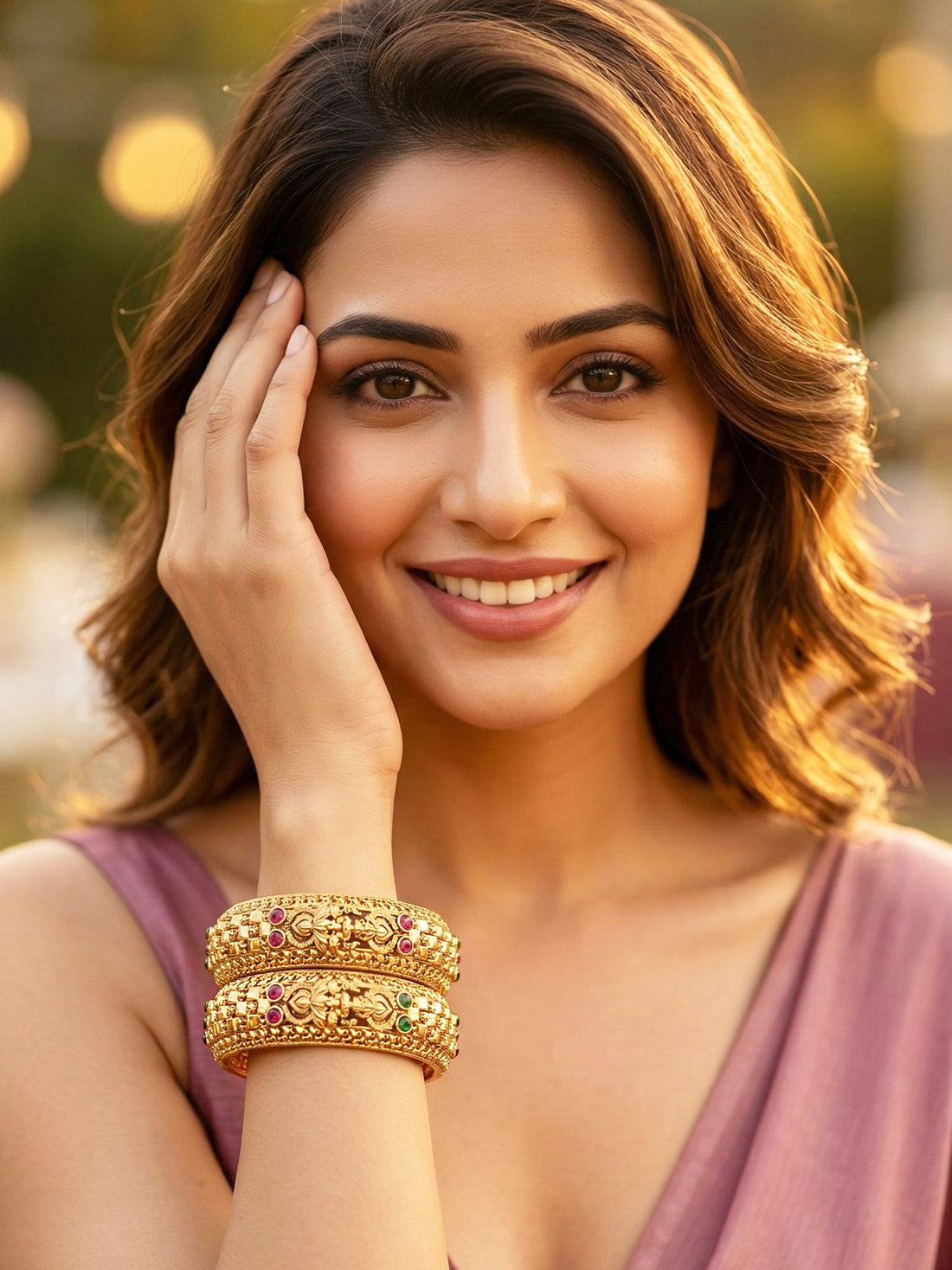 KARATCART Traditional Temple Design Antique Gold-Plated Red Green Stone Bangles for Women