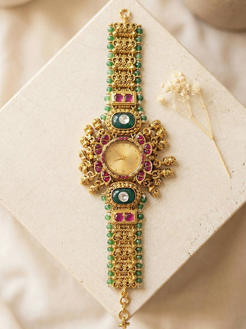 KARATCART Luxury Royal Kundan Green Crystal & Ruby Gold-Plated Designer Watch Bracelet for Women