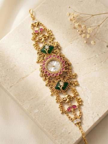 KARATCART Premium Ethnic Kundan Pink & Green Gold-Plated Designer Watch Bracelet for Women