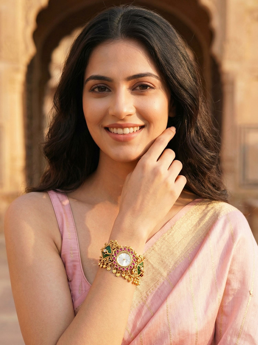 KARATCART Premium Ethnic Kundan Pink & Green Gold-Plated Designer Watch Bracelet for Women