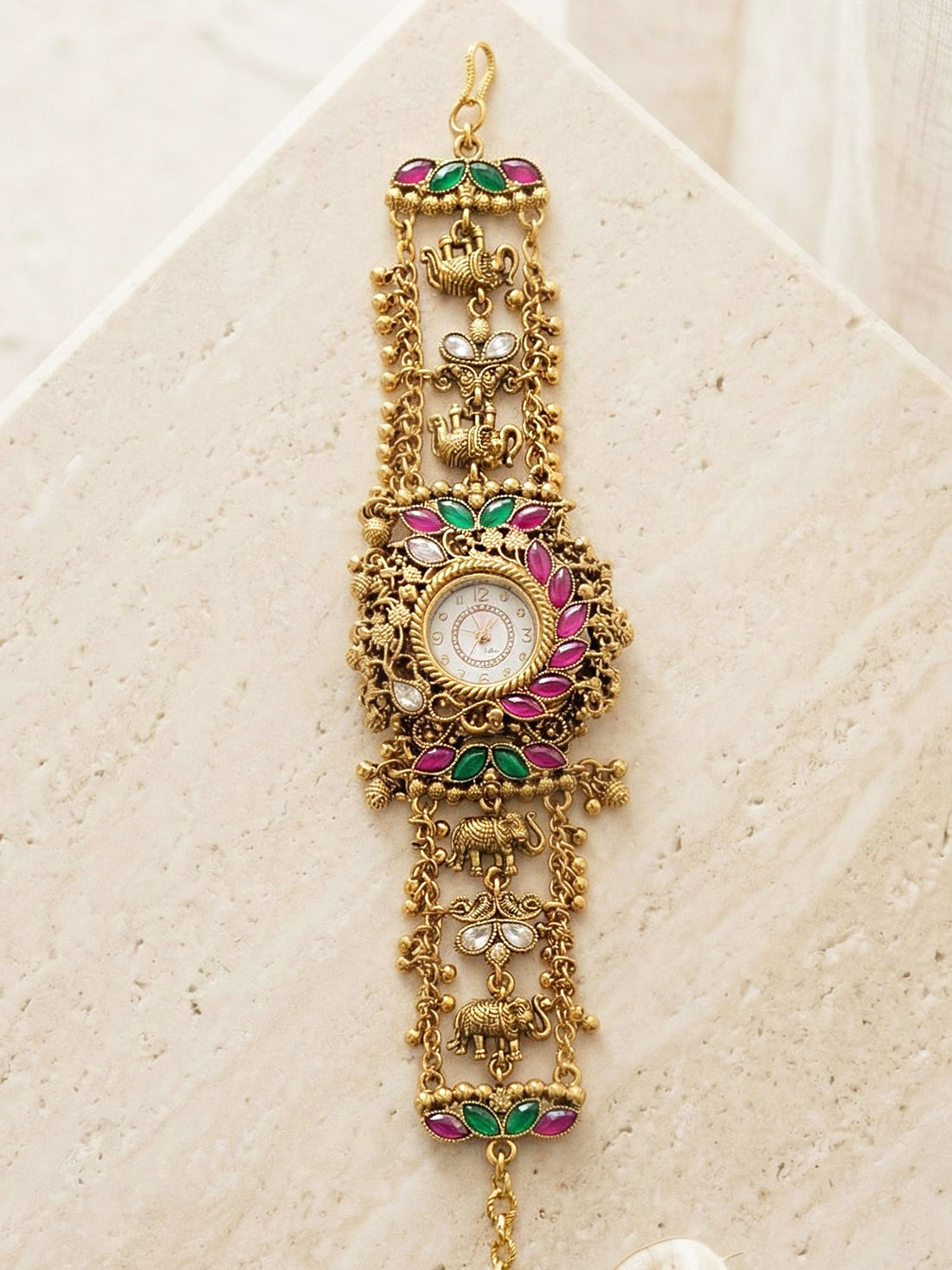 KARATCART Premium Elephant Motif Design Pink & Green Kundan Gold-Plated Watch Bracelet for Women