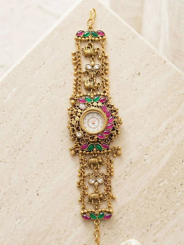 KARATCART Premium Elephant Motif Design Pink & Green Kundan Gold-Plated Watch Bracelet for Women