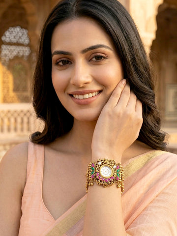 KARATCART Premium Elephant Motif Design Pink & Green Kundan Gold-Plated Watch Bracelet for Women