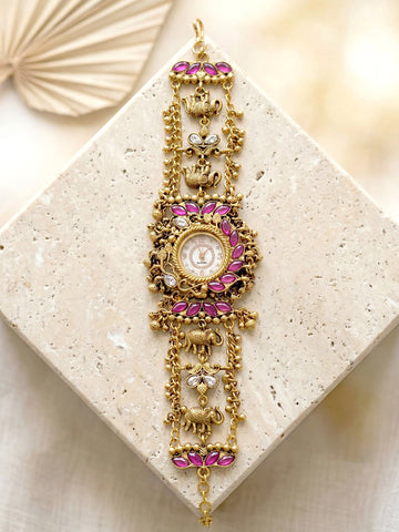 KARATCART Premium Elephant Motif Design Pink Kundan Gold-Plated Watch Bracelet for Women