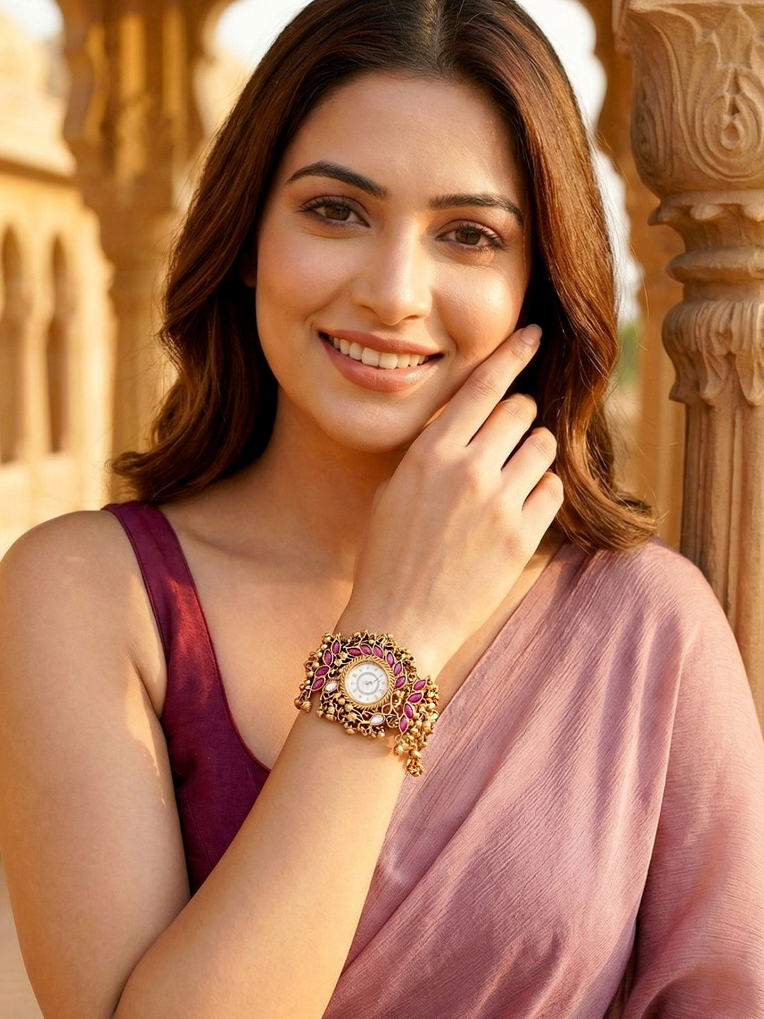KARATCART Premium Elephant Motif Design Pink Kundan Gold-Plated Watch Bracelet for Women