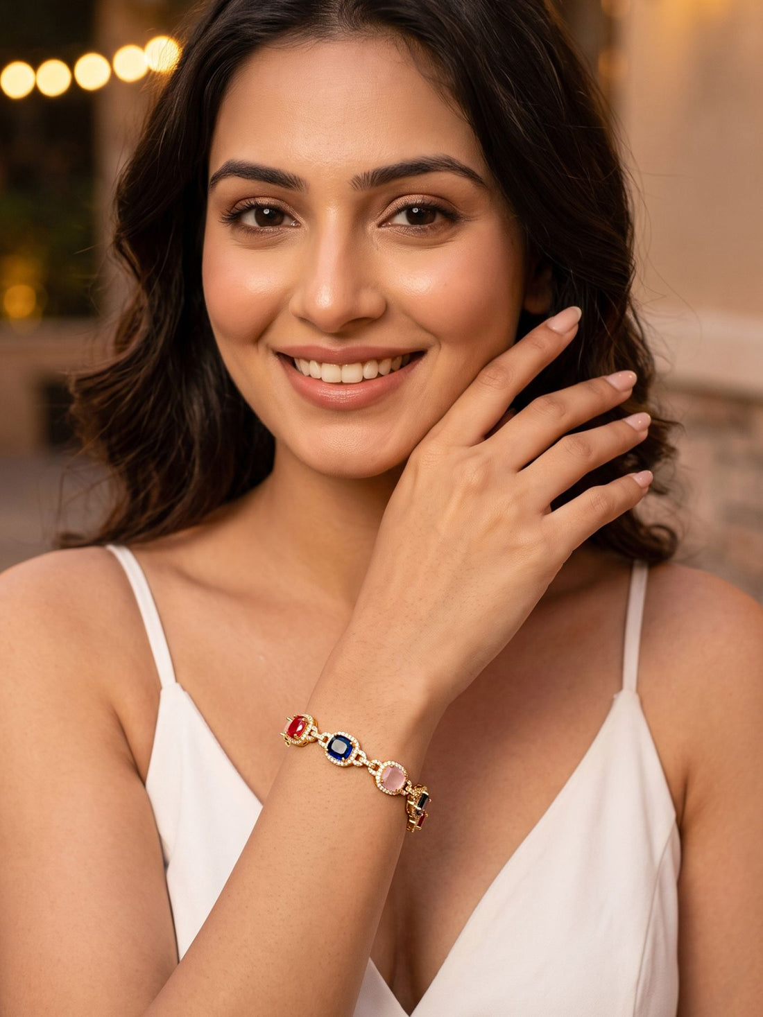 KARATCART Trendy Multicolor American Diamond Gold-Plated Link Bracelet for Women
