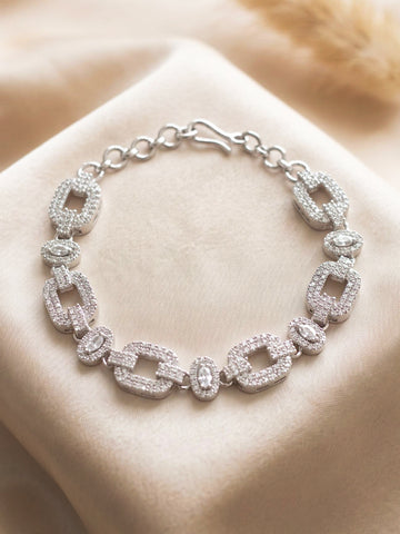KARATCART Classic Silver-Toned American Diamond Oval Charm Link Bracelet for Women