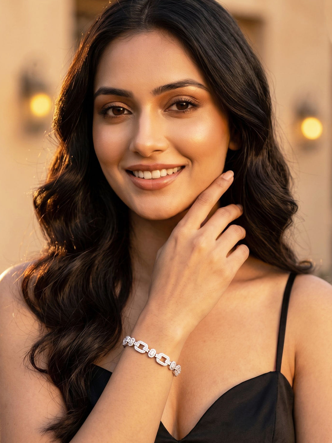 KARATCART Classic Silver-Toned American Diamond Oval Charm Link Bracelet for Women