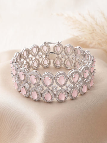 KARATCART Trendy Silver-Plated Pink American Diamond Wide Teardrop Link Bracelet for Women
