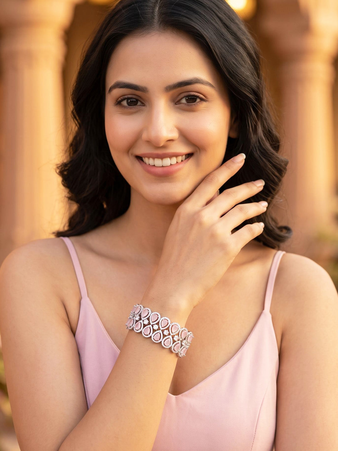KARATCART Trendy Silver-Plated Pink American Diamond Wide Teardrop Link Bracelet for Women