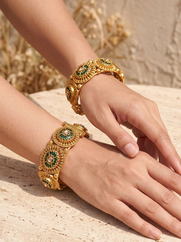 KARATCART Traditional Gold-Plated Green Stone Studded Designer Rajwadi Bangles for Women