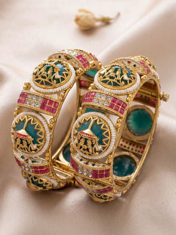 KARATCART Traditional Gold-Plated Green & Red Stone Wedding Rajwadi Bangles for Women