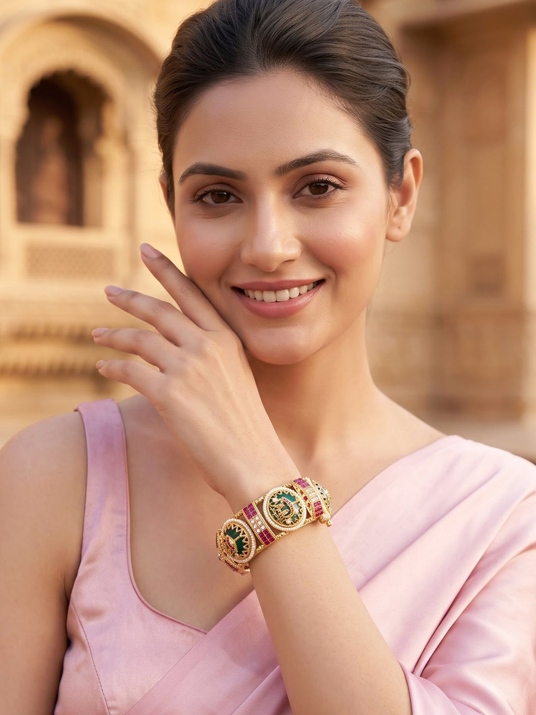 KARATCART Traditional Gold-Plated Green & Red Stone Wedding Rajwadi Bangles for Women