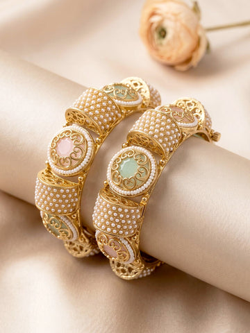KARATCART Premium Gold-Plated Pearl Studded Pink & Green Stone Bridal Bangles for Women