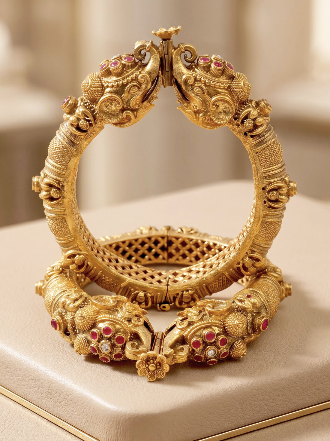 KARATCART Gold-Plated Elephant Design Red Stone Studded Gajamukha Temple Bangles for Women