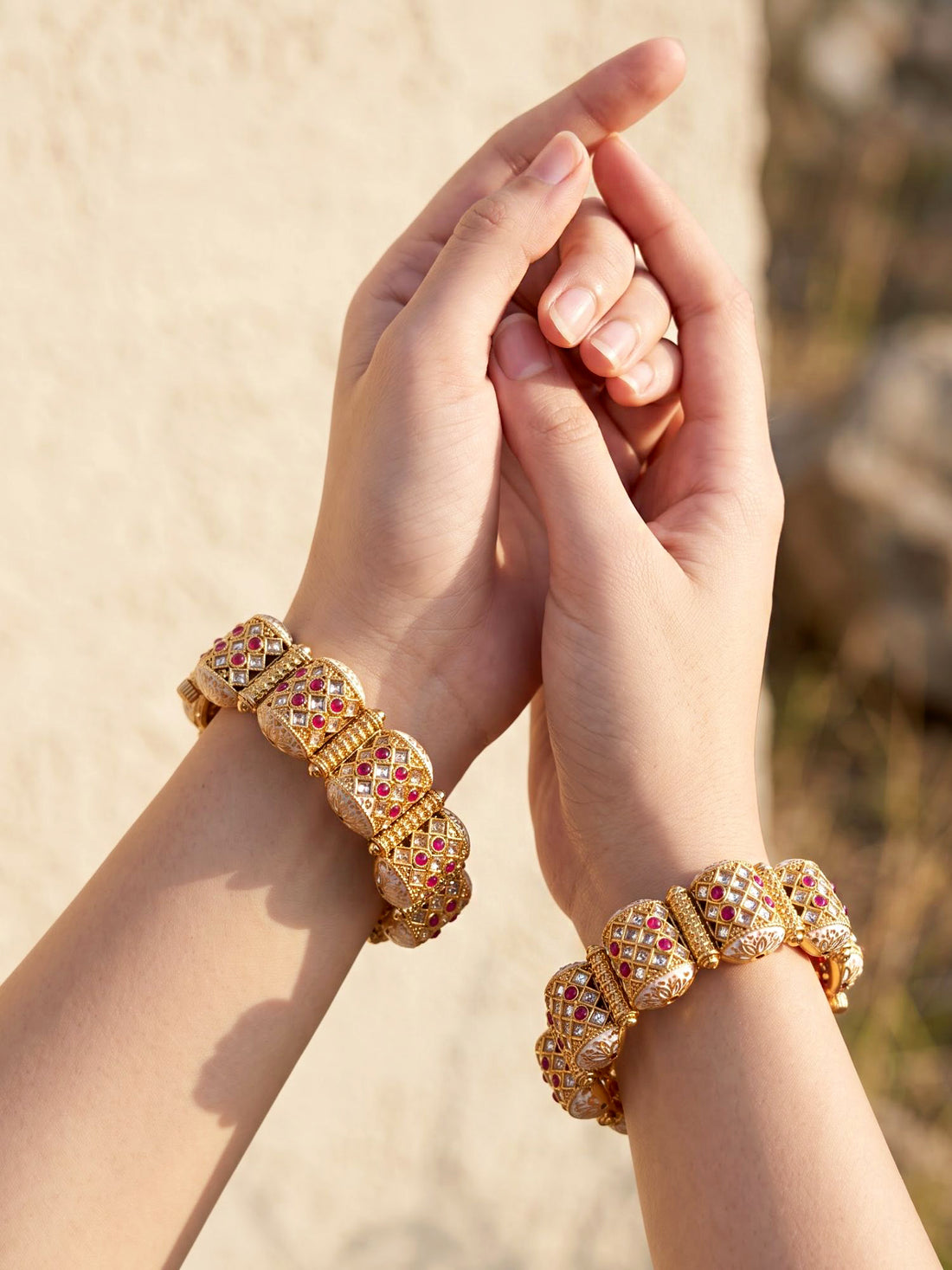 KARATCART Elegant Gold-Plated Kundan-Style Red Stone Studded Meenakari Bangles for Women