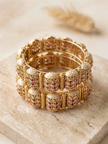 KARATCART Elegant Gold-Plated Kundan-Style Red Stone Studded Meenakari Bangles for Women
