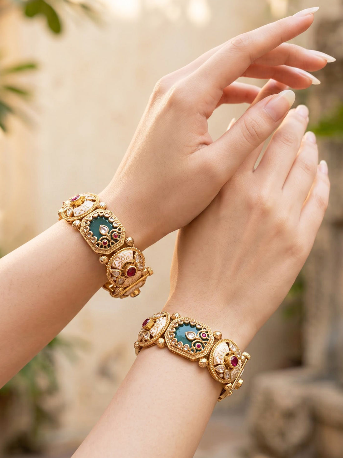 KARATCART Traditional Gold-Plated Green Stone Meenakari Rajwadi Bridal Bangles for Women