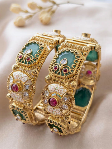 KARATCART Traditional Gold-Plated Green Stone Meenakari Rajwadi Bridal Bangles for Women