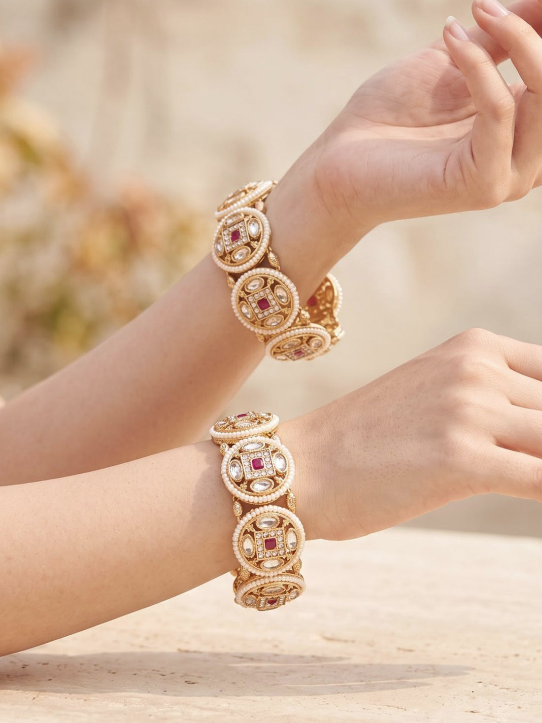 KARATCART Designer Gold-Plated Kundan Style Red Stone Studded Rajwadi Bangles for Women