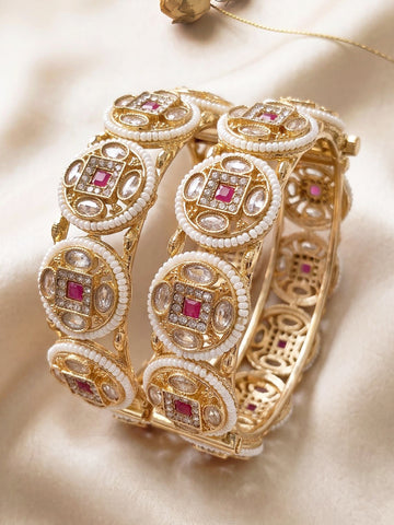 KARATCART Designer Gold-Plated Kundan Style Red Stone Studded Rajwadi Bangles for Women
