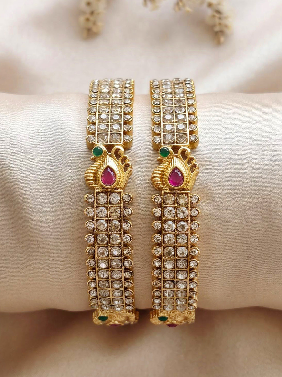 KARATCART Premium Gold-Plated Kundan Style Peacock Motif Bridal Bangles for Women