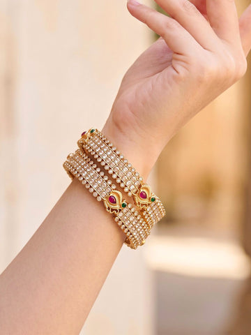 KARATCART Premium Gold-Plated Kundan Style Peacock Motif Bridal Bangles for Women