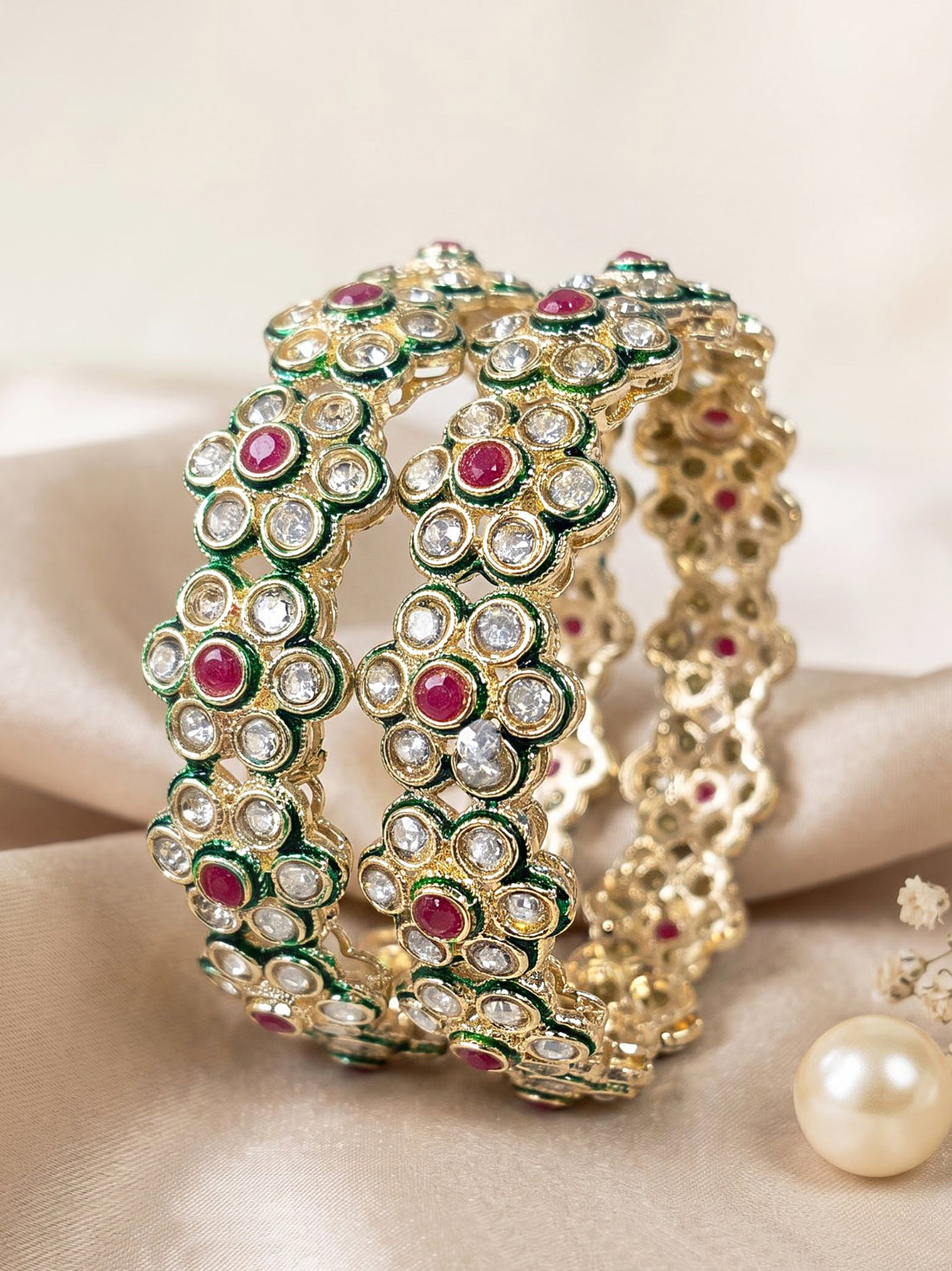 KARATCART Premium Gold-Plated Kundan Style Red & Green Floral Bangles for Women