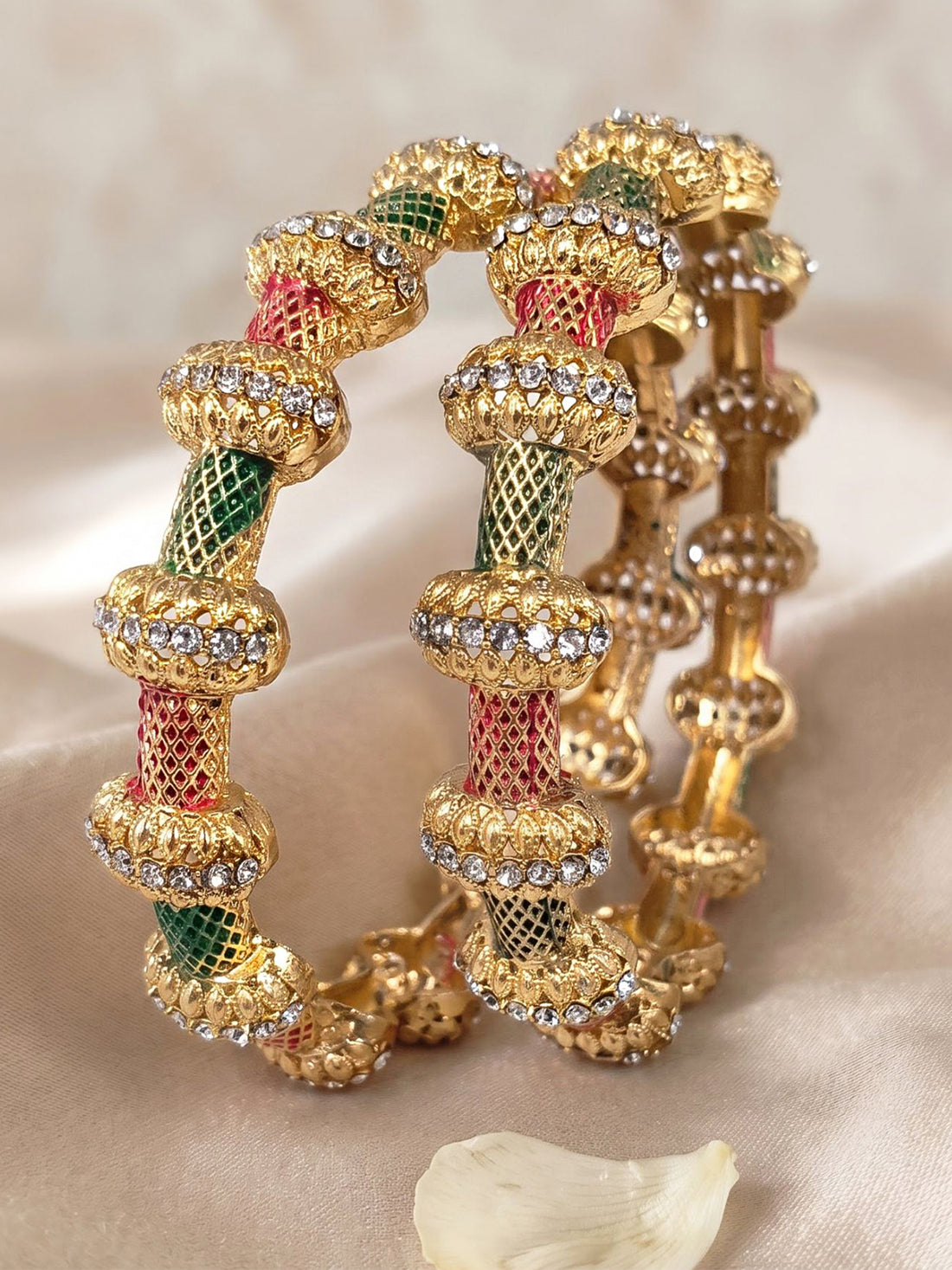 KARATCART Luxury Gold-Plated Red & Green Meenakari Stone Studded Rajwadi Bangles for Women