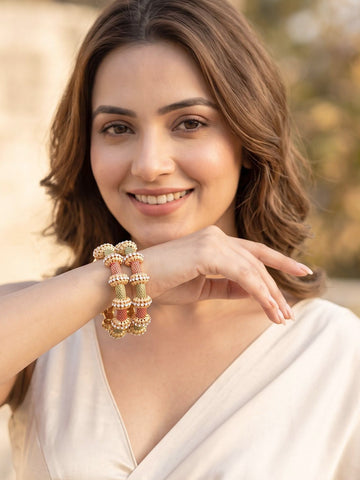 KARATCART Luxury Gold-Plated Red & Green Meenakari Stone Studded Rajwadi Bangles for Women