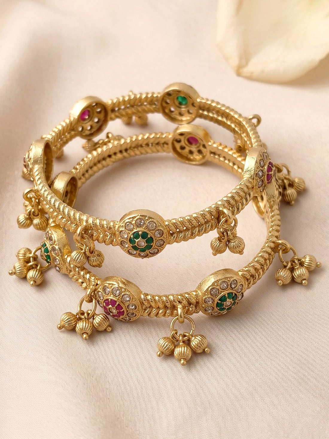 KARATCART Set of 2 Royal Gold-Plated Green & Pink Stone Studded Designer Bangles for Women