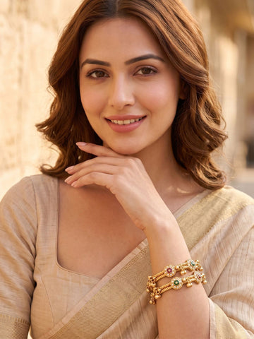 KARATCART Set of 2 Royal Gold-Plated Green & Pink Stone Studded Designer Bangles for Women