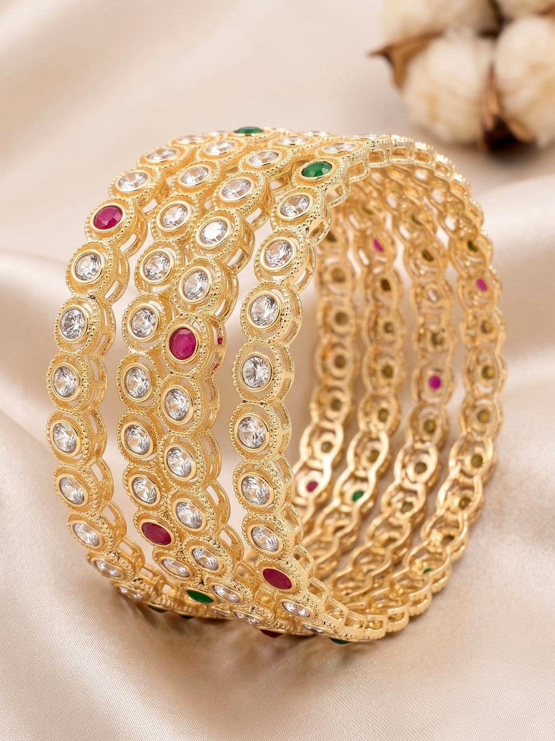 KARATCART Set of 4 Gold-Plated Green & Red Stone Studded Designer Bangles for Women
