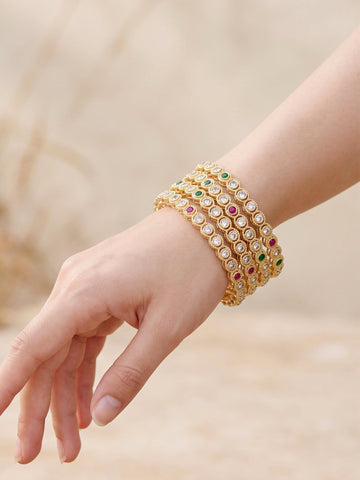 KARATCART Set of 4 Gold-Plated Green & Red Stone Studded Designer Bangles for Women