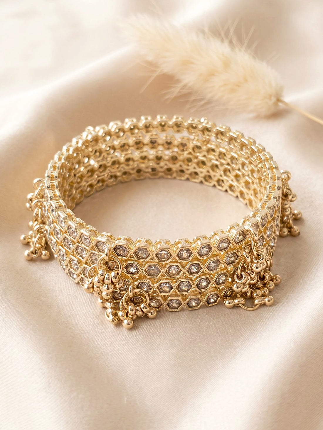 KARATCART Set of 4 Gold-Plated Honeycomb Design White Stone Designer Bangles for Women