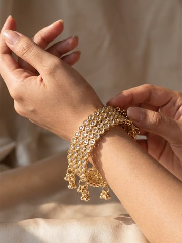 KARATCART Set of 4 Gold-Plated Honeycomb Design White Stone Designer Bangles for Women