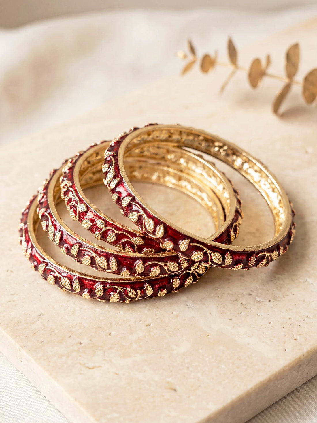 KARATCART Royal Gold-Plated Red Meenakari Leaf Pattern Designer Bangles for Women