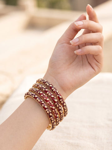 KARATCART Royal Gold-Plated Red Meenakari Leaf Pattern Designer Bangles for Women