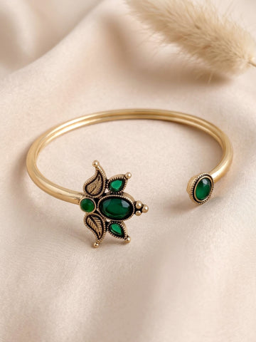 KARATCART Trendy Gold-Plated Green Stone Lotus Design Open Cuff Bracelet for Women