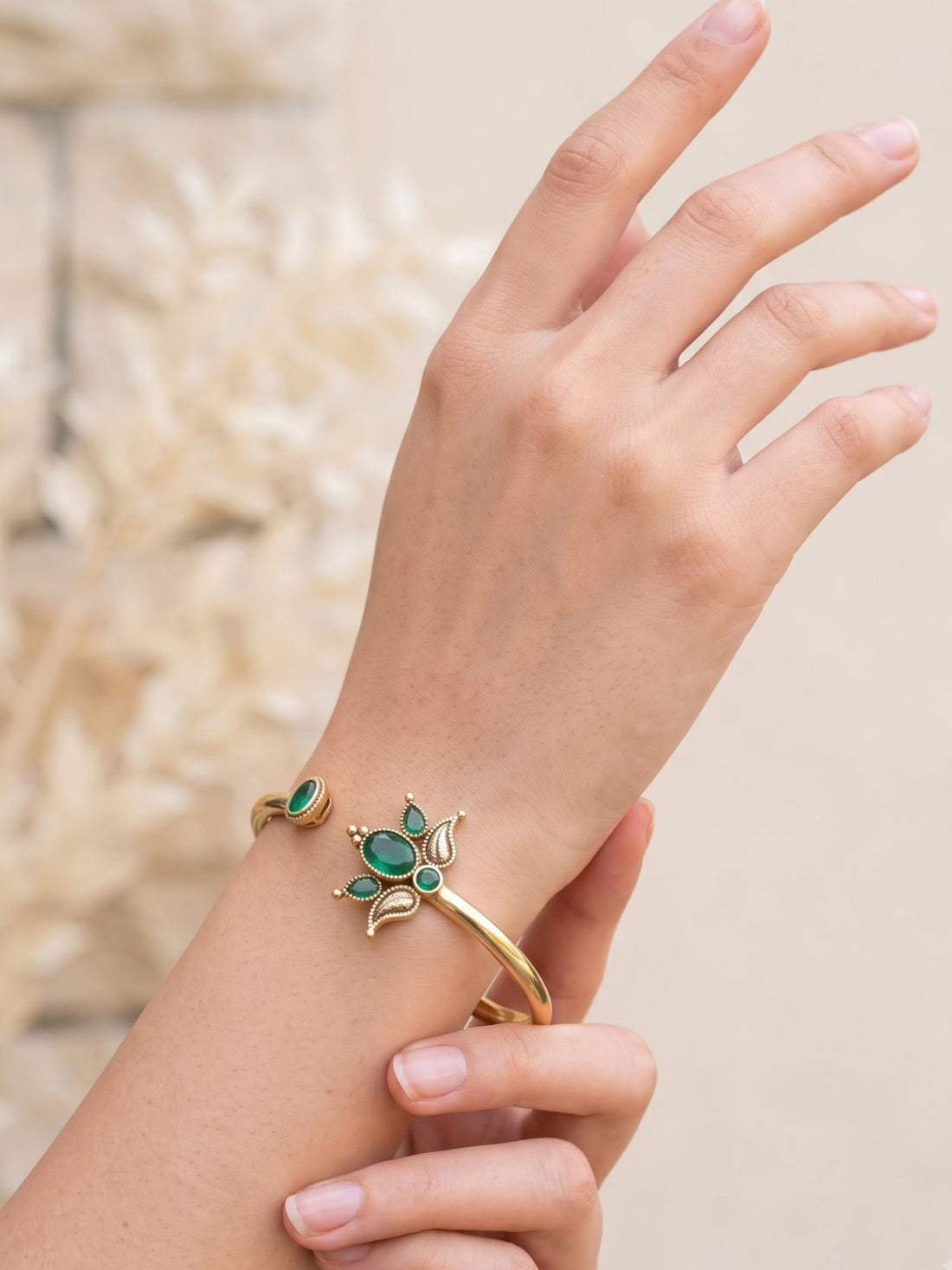 KARATCART Trendy Gold-Plated Green Stone Lotus Design Open Cuff Bracelet for Women