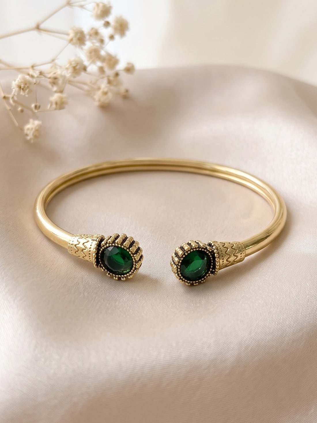 KARATCART Designer Gold-Plated Green Stone Round Open Cuff Bracelet for Women