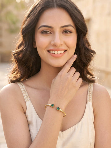KARATCART Designer Gold-Plated Green Stone Round Open Cuff Bracelet for Women