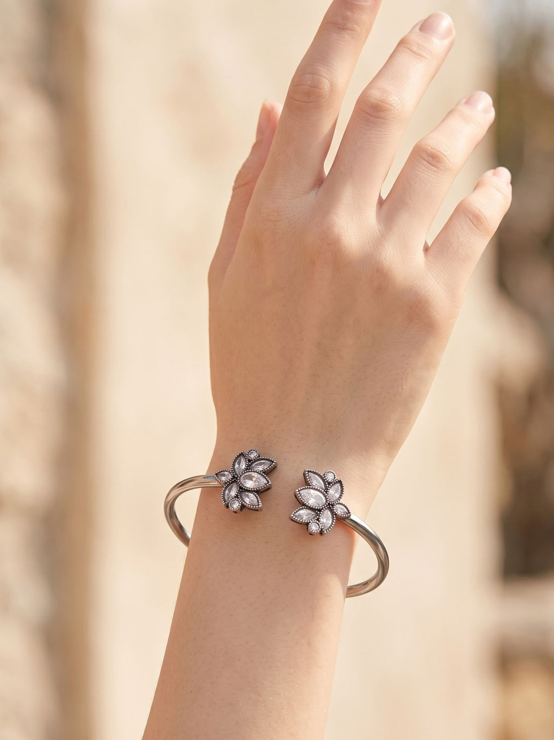 KARATCART Oxidised Silver Plated Lotus Design Open Cuff Bracelet for Women