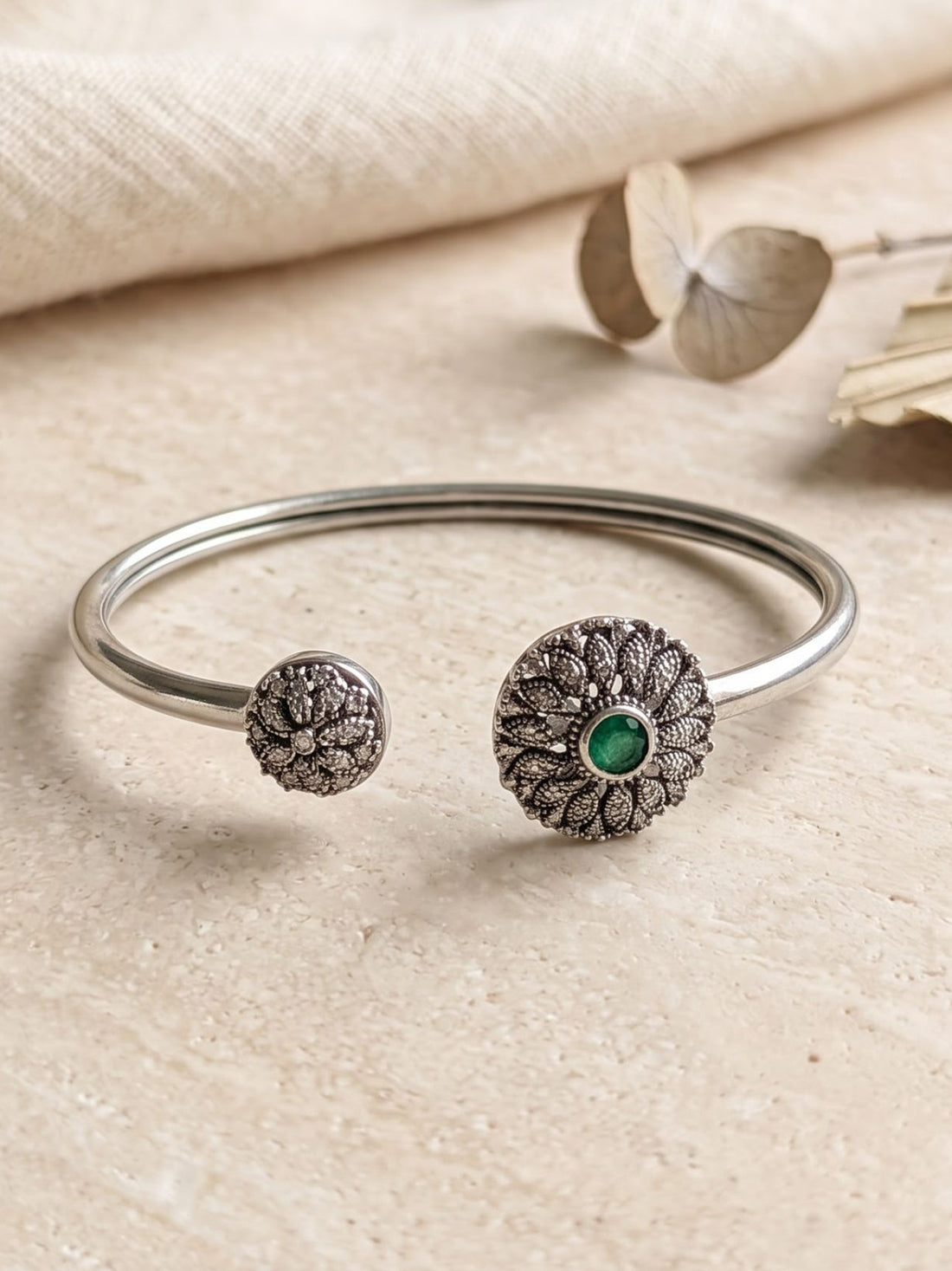 KARATCART Oxidised Silver Plated Green Stone Floral Open Cuff Bracelet for Women