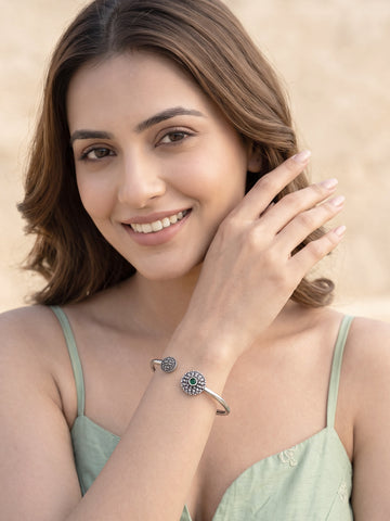 KARATCART Oxidised Silver Plated Green Stone Floral Open Cuff Bracelet for Women